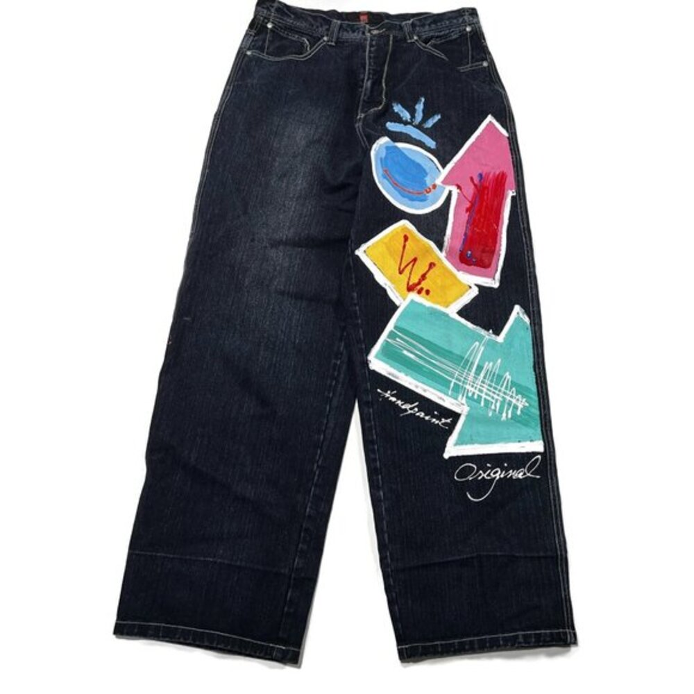 Boom X Jeans Mens 34 x 32 Baggy Wide Leg‎ Y2K Painted Hiphop Denim Vintage 90s